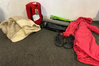 Camping Comfort- Air Mattress With Air Up Pillow, Ozark Trail New Sleeping Bag, Knit Blanket, Rain Poncho, Chaco Sandals, And DIY Garden Kit