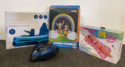 Inflatable Family Pool, Rainbow Sprinkler, Inflatable Mesh Lounger Pool Float, And Squeeze Water Filtration System