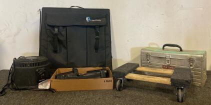Tool Lot Including, Craftsman Toolbox, Pelonis, 2-in-1 Turbo Heater And Fan, Limo Studio Tabletop Photo Tent, Solar Lights, And Haul Master Dolly