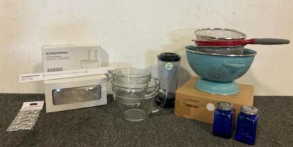 Kitchen Lot Including, Pampered Chef Glass Measures, Colanders, IKEA Cupboard Organizers, Salt &lsquo;n Pepper Shakers And More