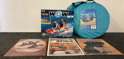 WOW Sports Super Sub 1-2 People Towable Tube, 3 Baby Pop Up Beach Tents, And Decor