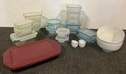 Set Of Glass Snapware, Pyrex 9x13 Glass Pan, Set Of (3) Ceramic Bowls And (4) Pinch Pots
