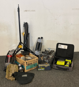 Tools Including, (4) Tripods, A Pair Of ACDelco Specialty Heavy Duty Shock Absorbers, RYOBI 12v Auto Hammer, Knife Sharpener And More