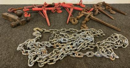 Tool Lot Including, (4) Ratchet Load Binders, (3) Lever Chain Binders And Chain