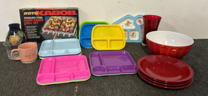 Nothing But Dishes- Including Plastic Plates, Glass Plates, Stainless Steel Shish Kabob Grill Set, And More