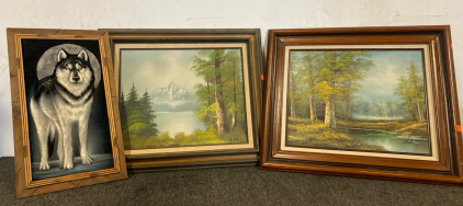 (2) Beautiful Framed Scenery Paintings, Plus Wolf Painting