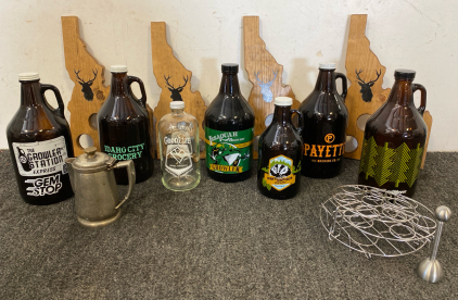 (7) Growler Jugs, (4) Idaho Wood Beverage Holders, (3) Metal Cake Pop Racks, (1) Silver Pewter Silver Pourer