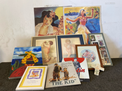 Paintings And Posters Including; Hula Dancer Posters, Charles Chaplin And More