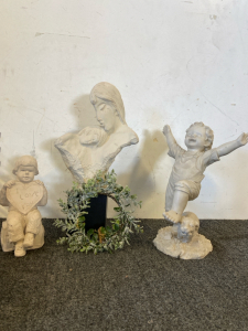 Home Decor Including, (3) Statues, Vintage Books, Faux Vegetables And More