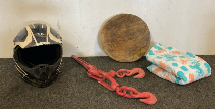 Miscellaneous Lot Including; Adult Vega Riding Helmet, Haul-Master Load Binder, Table Cloth, And Cutting Board