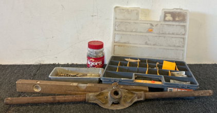 The Handy Bunch Including; An Antique Pipe Threader, A Tool Box Filled With Great Finds And More