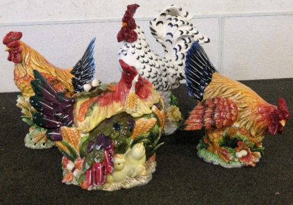 Chicken Cookie Jar And (3) Glass Chicken Figurines