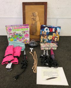 (4) Curling Irons - Ranging Sizes, Golden Belt, Soap Making Art Kit, Clue Game Jewelry Case, Gloves - Size Extra Large