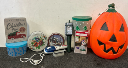 Holiday Mashup- Including Travel Steamer, Outside Light, Blowup Christmas Unicorn, Standing Pumpkin, And More