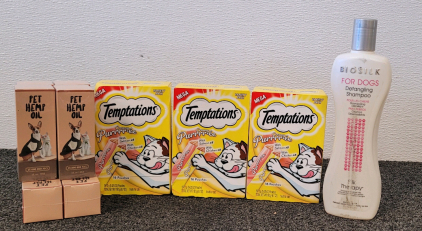 (6) Pet Hemp Oil, (3) Temptations Cat Food, And Biosilk Dog Shampoo