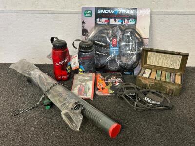 Outdoor Survival Gear Including: Snow Trax, Survival Essentials in Bottle, Poncho, Shooting Safety Vest, First Aid, and Elk Calls