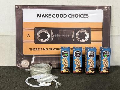 (4) Tower Tumble Games, Roll Of Surnie LED Lights (New), and "Make Good Choices" Wall Art (35.5"x 23.5")