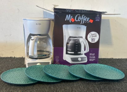 Sips And Salads Inlcuding A Mr.Coffee Pot And 6 Boxes Of 6 Piece Malachite Trellis Salad Plate Set