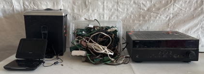 Aurora AU814XB Paper Shredder, V.ZON Portable DVD Player, Yamaha AV Receiver, and Assorted Extension Cords