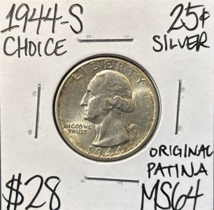 1944-S MS64 CHOICE SILVER WASHINGTON .25c