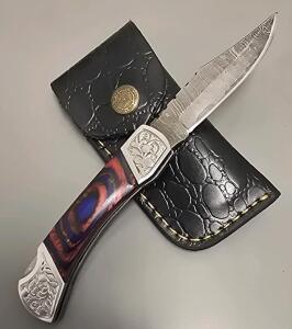 Handmade Damacus Steel Locking Pocket Knife, Vintage Style With Leather Sheath