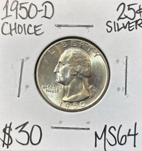 1950-D MS64 CHOICE SILVER WASHINGTON .25c