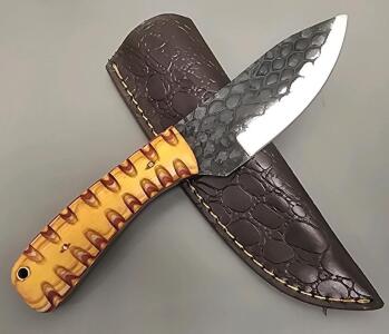 Handmade Carbon Steel Hunting Knife With Custom Handle And Leather Sheath