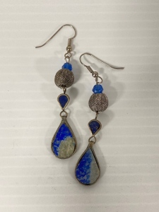 Lapis and Silver Bullion Thread Earrings