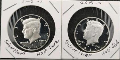 (1) 2002-S Kennedy Silver Proof Half Dollar & (1) 2015-S Kennedy Silver Proof Half Dollar