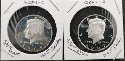 (1) 2004-S Kennedy Silver Proof Half Dollar & (1) 2007-S Kennedy Silver Proof Half Dollar