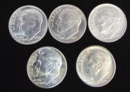 (5) Silver Dimes, 1950, 1954, 1955 and 1964