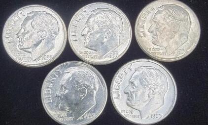 (5) Silver Dimes, 1955, 1957 and 1963