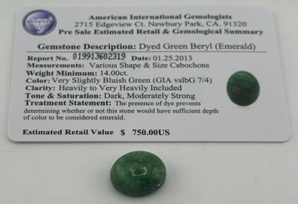 Dyed Green Beryl Emerald, 14.00 ct, Dark Tone, $750 Value