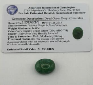 Dyed Green Beryl (Emerald), 14.00 ct, Very Slightly Bluish Green