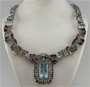 Sterling Silver Necklace with Aquamarine, Tourmaline & Diamond, 925 Silver, 75.8ct Aquamarine