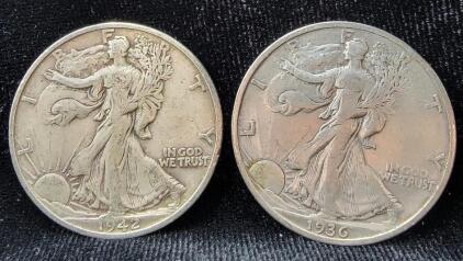 (2) Walking Freedom Silver Half Dollar: 1936 and 1942