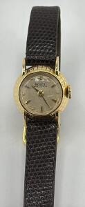 Rolex Precision Gold Wristwatch, Genuine Lizard Strap, Silver Dial