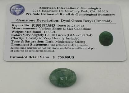 Dyed Green Beryl Emerald, 14.00 Carats, Cabochon Cut