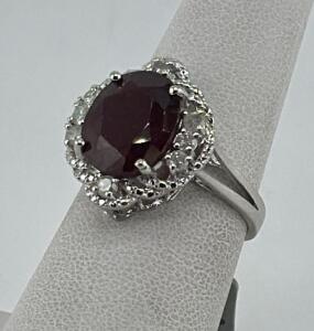 Ruby Corundum Ring with Diamonds, 6.35 ct, Sterling Silver