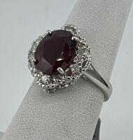 Ruby Corundum Ring with Diamonds, 6.35 ct, Sterling Silver