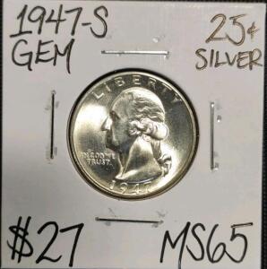 1947-S MS65 Gem Silver Washington Quarter
