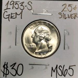 1953-S MS65 Gem Silver Washington Quarter
