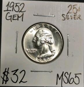 1952 MS65 Gem Silver Washington Quarter