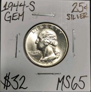 1944-S MS65 Gem Silver Washington Quarter