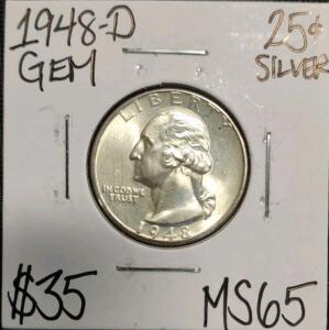 1948-D MS65 Gem Silver Washington Quarter