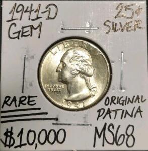 1941-D MS68 Rare Original Patina Silver Quarter