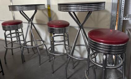 2 Bar Tables (H 3&rsquo; 6&rdquo; W 1&rsquo; 11&rdquo; L 1&rsquo; 11&rdquo;) and 3 Bar Stools (H 2&rsquo; 7&rdquo; W 1&rsquo; 2&rdquo; L 1&rsquo; 2&rdquo;)