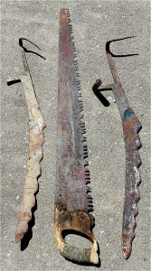 (3) Antique Agricultural Farming Tools- 3' Saw and (2) Scythe Blades