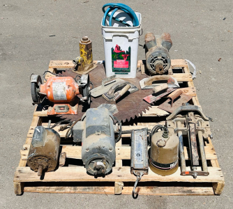 Pallet Of Tools Including: Motors, 6" Bench Grinder, Concrete Tools, Large 30" Saw Blade, Bottle Jack and More