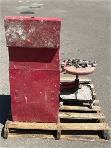 Red Toolbox With Hardware and Tools Including Shop Rolling Stool